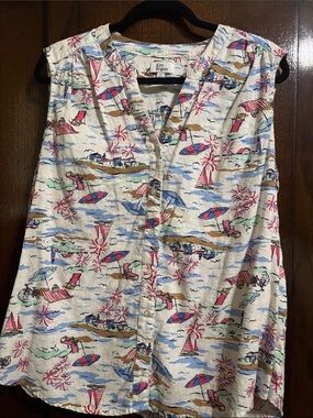 Kim Rogers Sleeveless Beach Print Top in White, Blue, Pink, Brown
